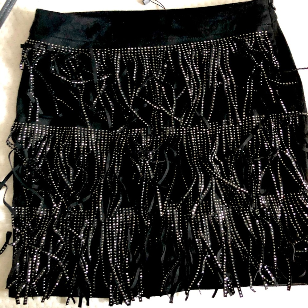 Black suede skirt with fringes and bling